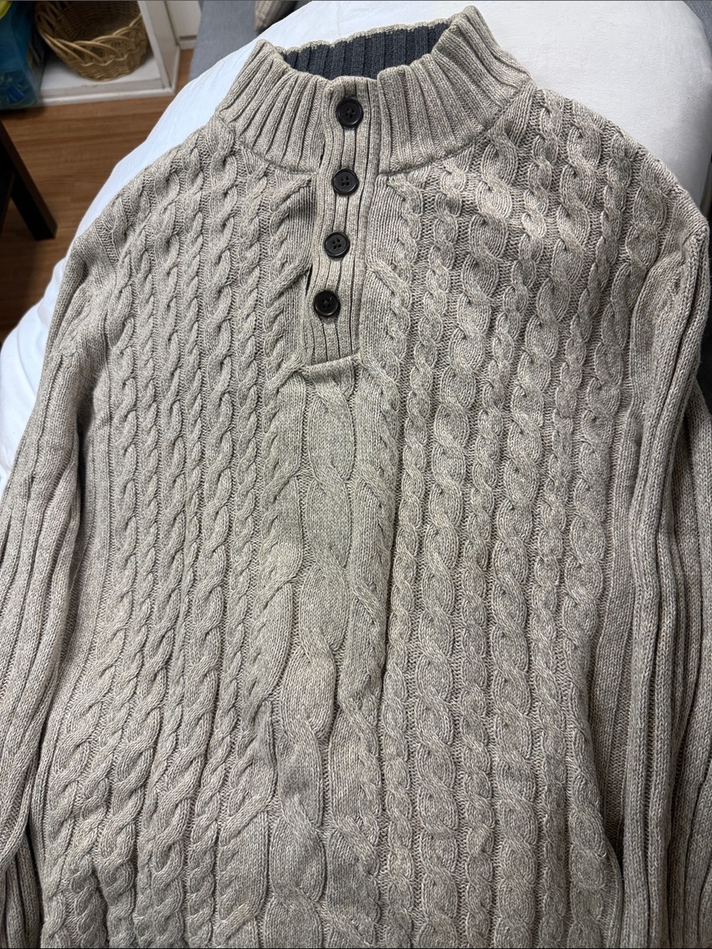 Tasso Elba Men's Beige Cable-Knit Button Turtleneck Sweater